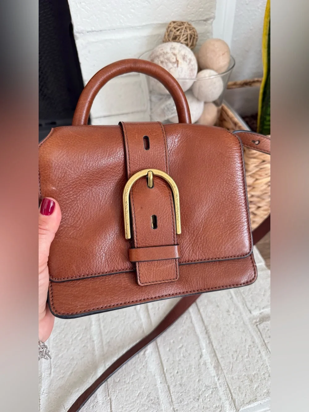 Fossil Wiley Mini Leather Satchel Brown Cognac Crossbody Bag Top Handle Buckle